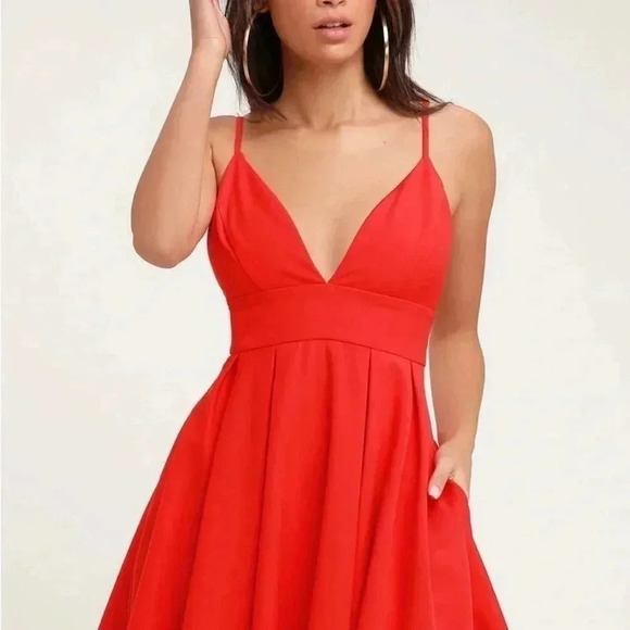 Lulus Red V-Neck Spaghetti Strap Skater Dress | Fit & Flare Party Dress L - Picture 5 of 13